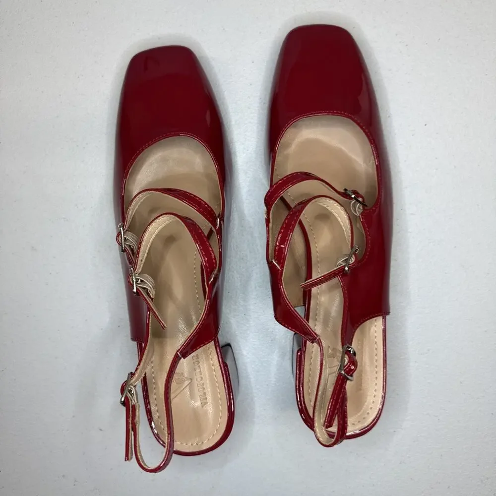 Viloporlor Women’s Mary Jane Shoes Slingback Chunky Heels Red Size 9